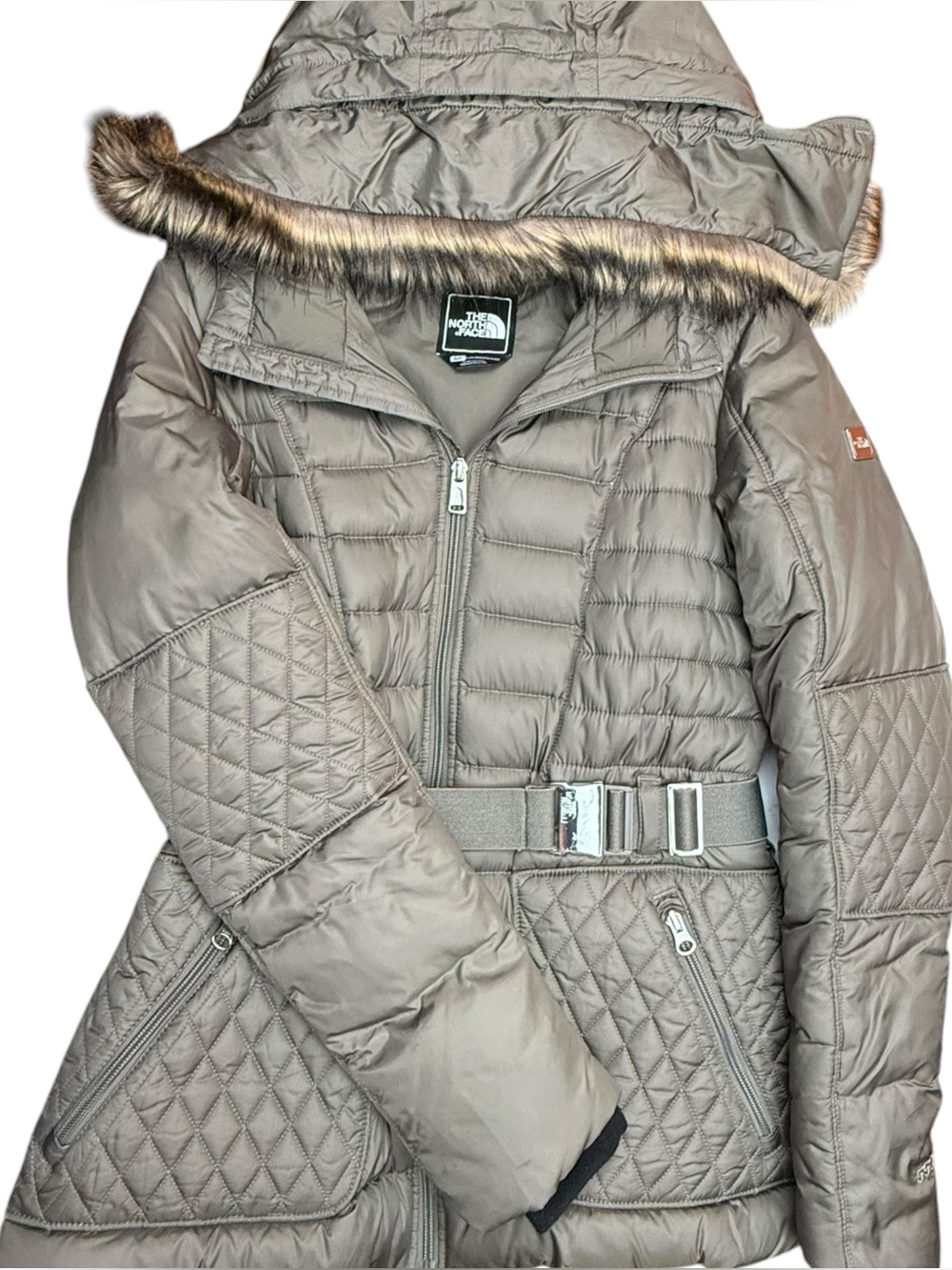 The North Face Belted Quilted Puffer Parka Faux Fur Hood Taupe Women’s Small